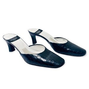 Charles Jourdan Black Leather Croc Pattern Mules